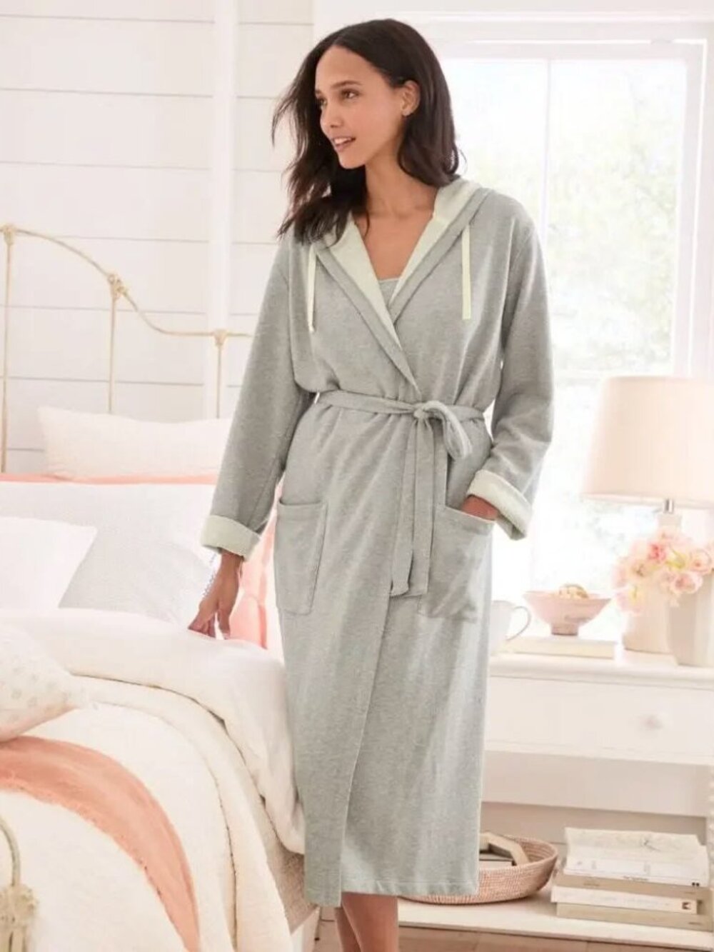 Garnet Hill Cozy Sweatshirt Hooded Gray Long French Terry Robe Size XL